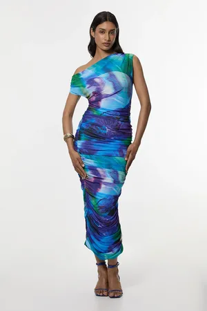Karen Millen Petite Printed Mesh Jersey One Shoulder Midi Dress