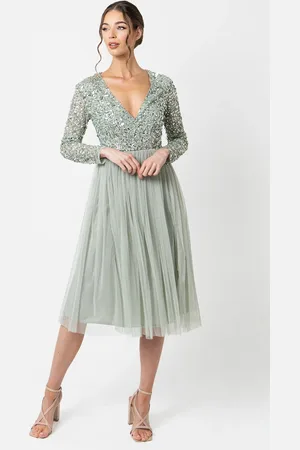 Maya Deluxe Faux Wrap Embellished Long Sleeve Midi Dress