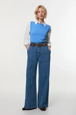 Karen Millen Petite Denim Waistband Detail Wide Leg Trousers