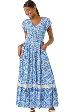 Roman Tile Print Shirred Waist Maxi Dress