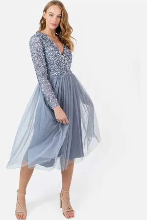 Maya Deluxe Faux Wrap Embellished Long Sleeve Midi Dress