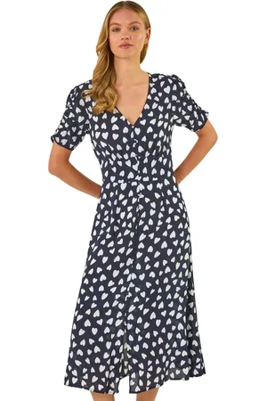 Roman Heart Print Ruched Midi Dress