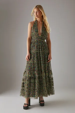 warehouse Tulle Halter Shirred Waist Tier Maxi Dress