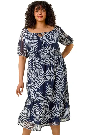 Roman Curve Leaf Print Tie Neck Midi Dress