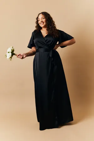 In The Style Satin Wrap Tie Angel Sleeve Maxi Dress
