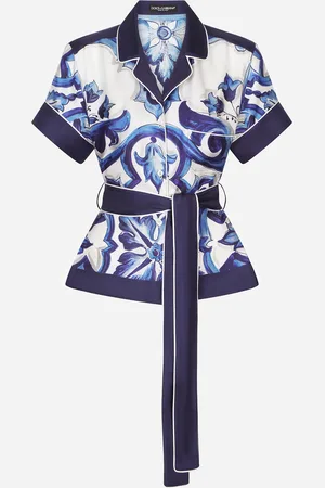 Dolce & Gabbana Majolica-print Twill Shirt With Belt - Woman Shirts And Tops Blue Silk 46