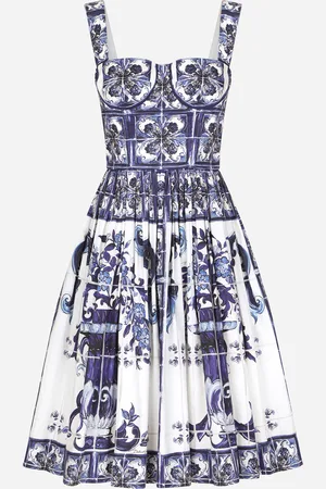 Dolce & Gabbana Midi Corset Dress In Cotton Poplin With Majolica Print - Woman Dresses Blue Cotton 46