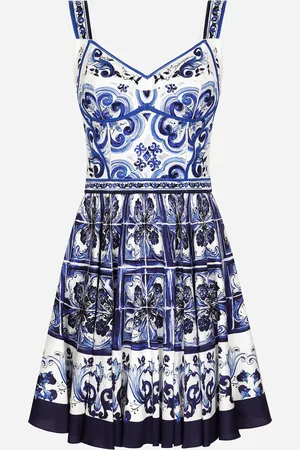 Dolce & Gabbana Short Majolica Print Dress - Woman Dresses Blue Silk 46