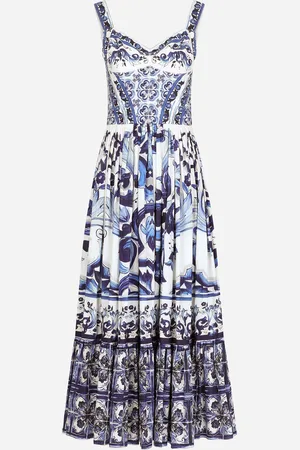 Dolce & Gabbana Calf-length Corset Dress In Majolica-print Cotton Poplin - Woman Dresses Blue Cotton 46
