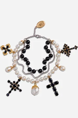 Dolce & Gabbana Yellow And White Family Bracelet With Cblack Sapphire, Pearl And Black Jade Beads - Woman Bracelets Metal Onesize