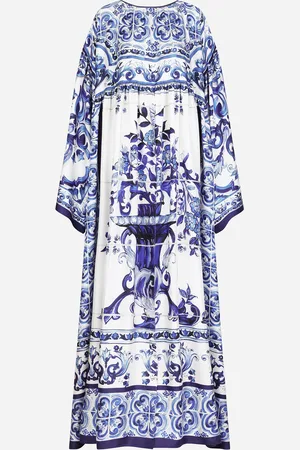 Dolce & Gabbana Silk Twill Caftan With Majolica Print - Woman Dresses Blue 36