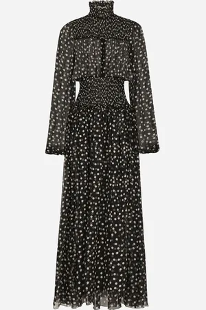 Dolce & Gabbana Chiffon Midi Dress With Smock Stitching And Micro-polka Dot - Woman Dresses 38