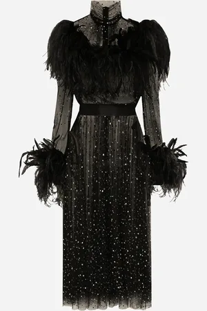 Dolce & Gabbana Calf-length Stretch Tulle Dress With Fusible Rhinestones And Rooster And Ostrich Feather Embellishment - Woman Dresses 40