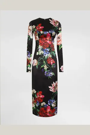 Dolce & Gabbana Satin Calf-length Round-neck Dress With Floral - Woman Dresses 42
