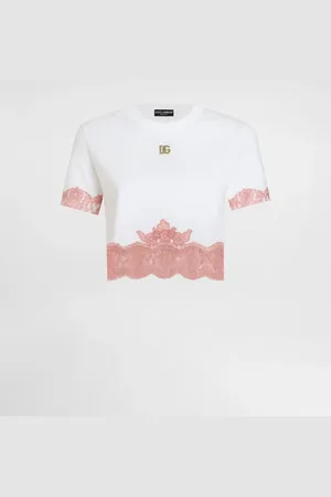 Dolce & Gabbana Cropped Jersey T-shirt With Dg Logo And Lace Inserts - Woman T-shirts And Sweatshirts Cotton 36