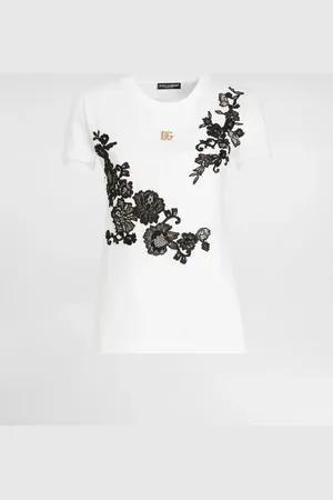 Dolce & Gabbana Jersey T-shirt With Dg Logo Pin And Lace Details - Woman T-shirts And Sweatshirts 36