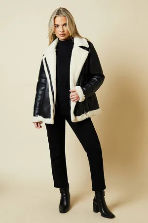 Dorothy Perkins Womens Petite Faux Leather Longline Aviator Jacket