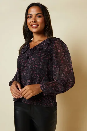 Dorothy Perkins Womens Ditsy Floral Chiffon Ruffle Front Long Sleeve Blouse
