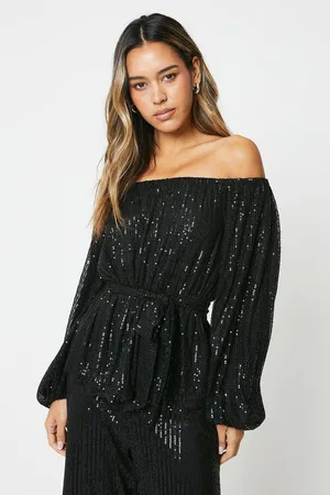 Dorothy Perkins Womens Sequin Bardot Long Sleeve Blouse