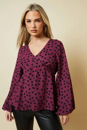Dorothy Perkins Womens Petite Spot Long Sleeve Button Front Tea Blouse