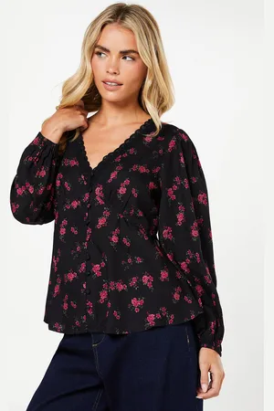 Dorothy Perkins Womens Petite Berry Ditsy Long Sleeve Lace Trim Button Front Tea Blouse