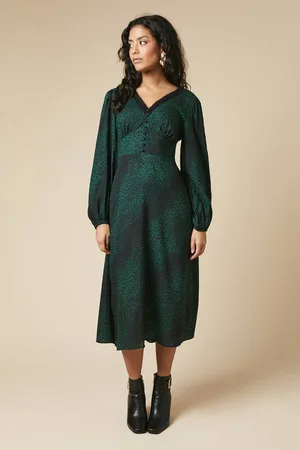 Dorothy Perkins Womens Petite Animal Long Sleeve Lace Trim Button Front Midi Dress