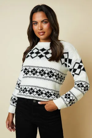 Dorothy Perkins Womens Argyle Striped Ribbed Crew Neck Jumper