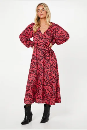 Dorothy Perkins Womens Petite Red Long Sleeve Wrap Midi Dress