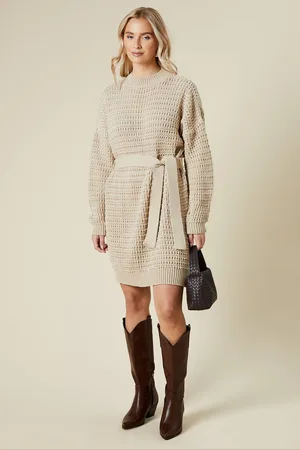 Dorothy Perkins Womens Belted Pointelle Jumper Dress
