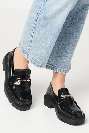 Faith Womens : Nola Faux Patent Leather Chunky Square Toe Penny Loafers