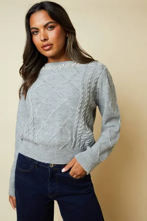 Dorothy Perkins Womens Embellished Neck Fairisle Cable Crew Neck Jumper