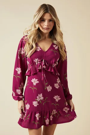 Dorothy Perkins Womens Large Floral Tie Front Ruffle Bust Long Sleeve Mini Dress