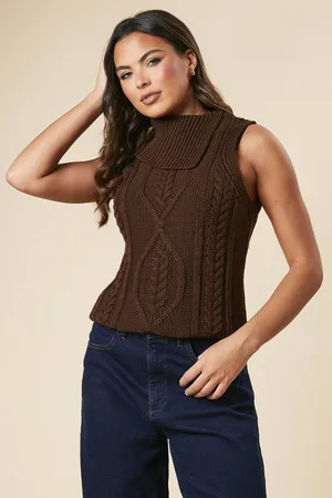 Dorothy Perkins Womens Cable Knit Split Neck Knitted Vest