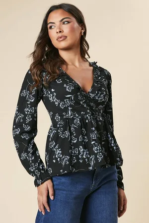 Dorothy Perkins Womens Blue large floral Ruffle wrap long sleeve top