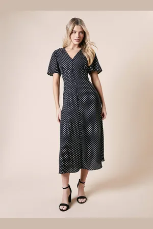 Dorothy Perkins Womens Spot Button Through Flutter Sleeve Midi Dress