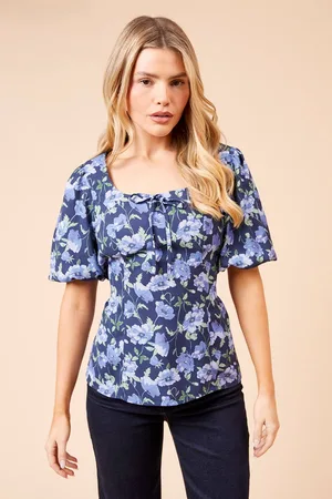Dorothy Perkins Womens Blue Tie Front Puff Sleeve Blouse