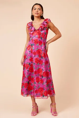 Dorothy Perkins Womens DP Luxe Printed Jacquard Chiffon Ruffle Front Sleeveless Midi Dress