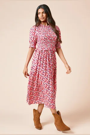 Dorothy Perkins Womens Petite Floral Shirred Bodice Puff Sleeve Midi Dress