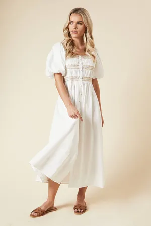 Dorothy Perkins Womens Petite Embroidered Bust Button through Poplin Midi Dress