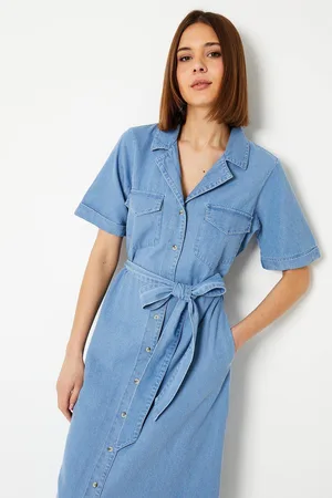 Dorothy Perkins Womens Denim Belted Button Through Midi Dress