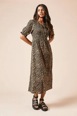 Dorothy Perkins Womens Petite Puff Sleeve Shirred Bodice Midi Dress