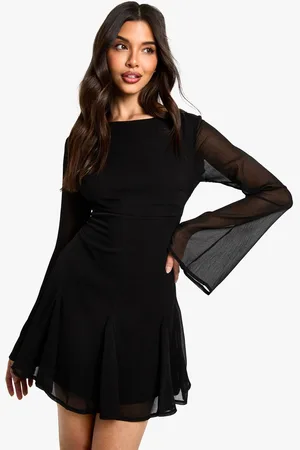 Boohoo Womens Chiffon Slash Neck Long Sleeve Godet Mini Dress