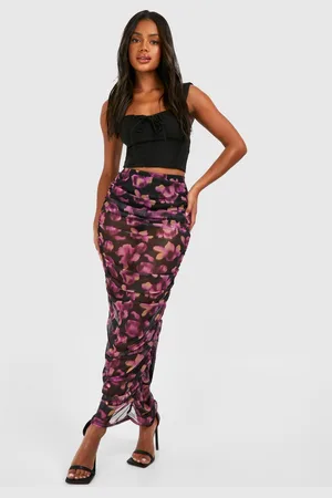 Boohoo Womens Ruched Mesh Floral Printed Maxi Skirt