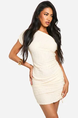 Boohoo Womens Slash Neck Textured Rib Mini Dress