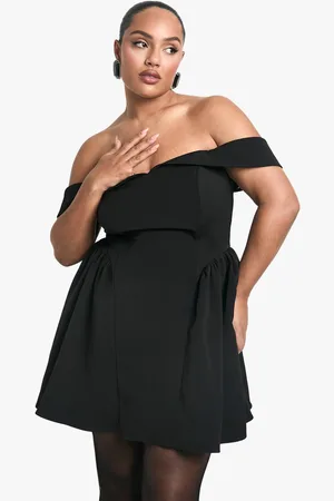 Boohoo Womens Plus Off The Shoulder Pleated Skater Dress