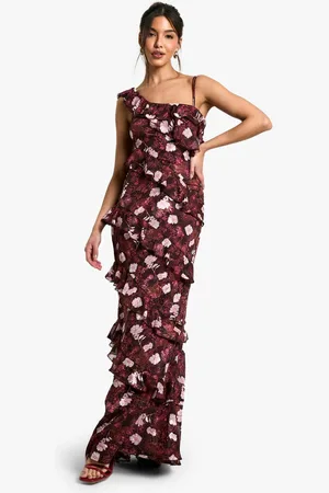 Boohoo Womens Floral One Shoulder Ruffle Maxi Dress