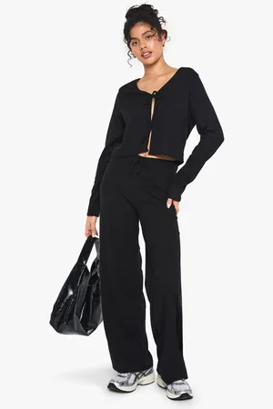 Boohoo Womens Rib Tie Front Long Sleeve Top and Drawstring Straight Leg Trouser Set