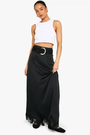 Boohoo Womens Satin Lace Trim Maxi Slip Skirt