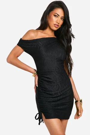 Boohoo Womens Slash Neck Textured Rib Mini Dress