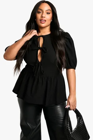 Boohoo Womens Plus Crinkle Tie Front Puff Sleeve Smock Top